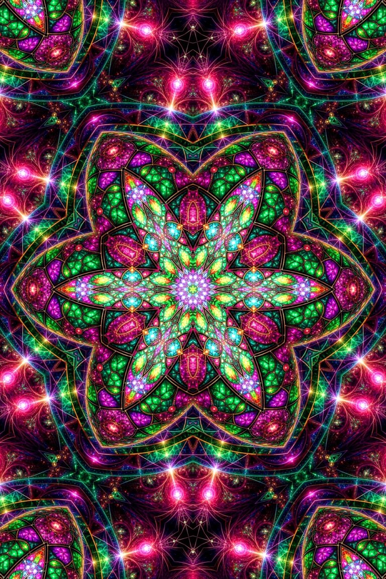 colorful kaleidoscopic mandala art with stained glass elements, modern tech interior art print