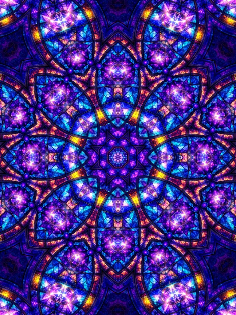kaleidoscopic stained glass artwork in blue, violet and orange, modern art print for cozy interior