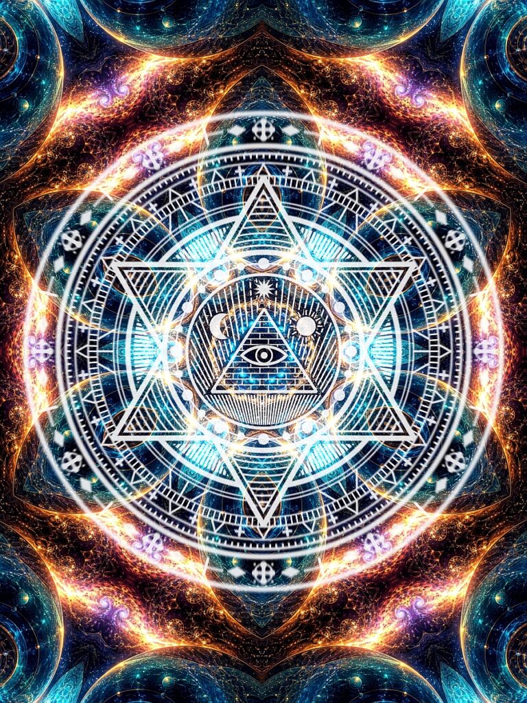 digital art kaleidoscopic mandala, white teal orange, sacred symbols, spiritual art print