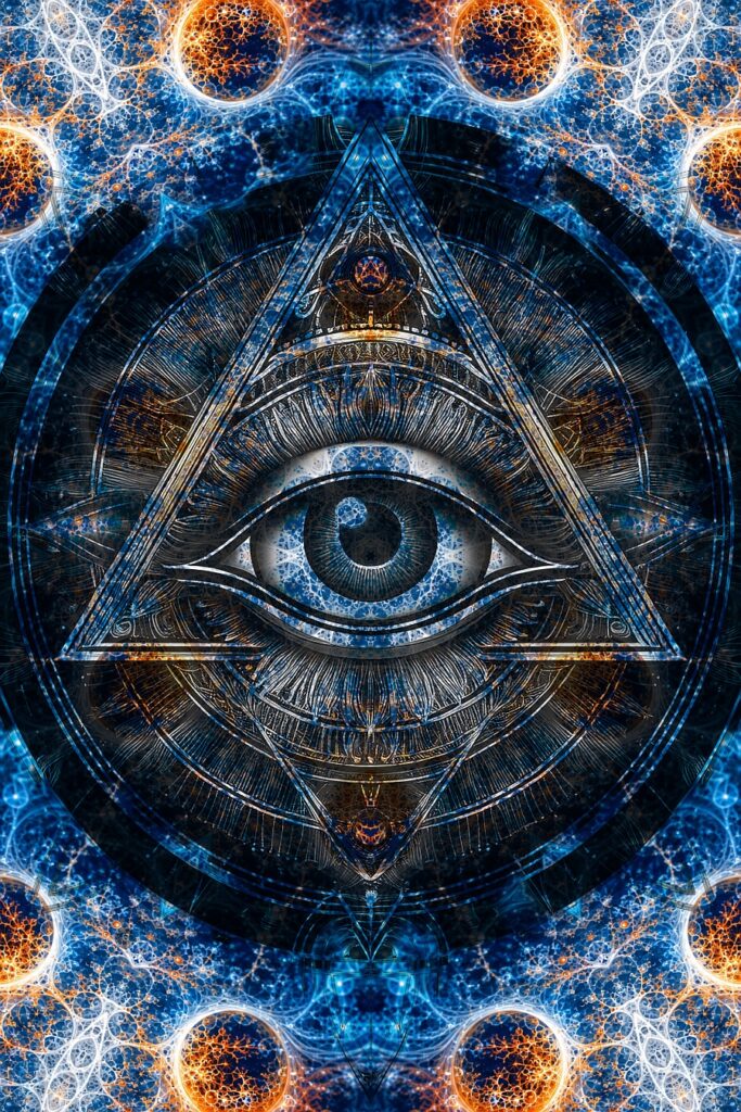 Digital abstract art with eye of providence, blue,orange, white, spiritual art print