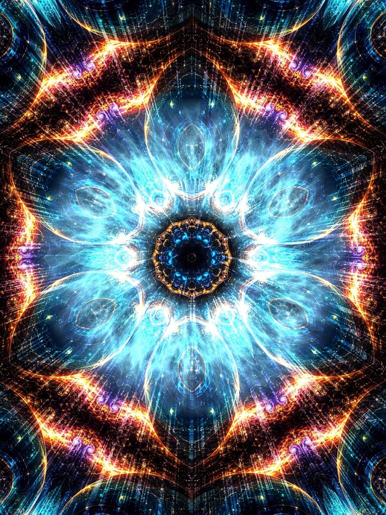 digital kaleidoscopic mandala flower, white teal orange, rays of light, spiritual art print
