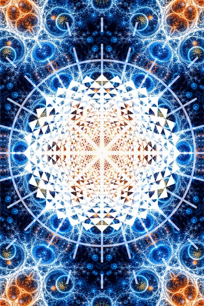 Digital abstract art with sacred symbols, blue,orange, white, spiritual art print