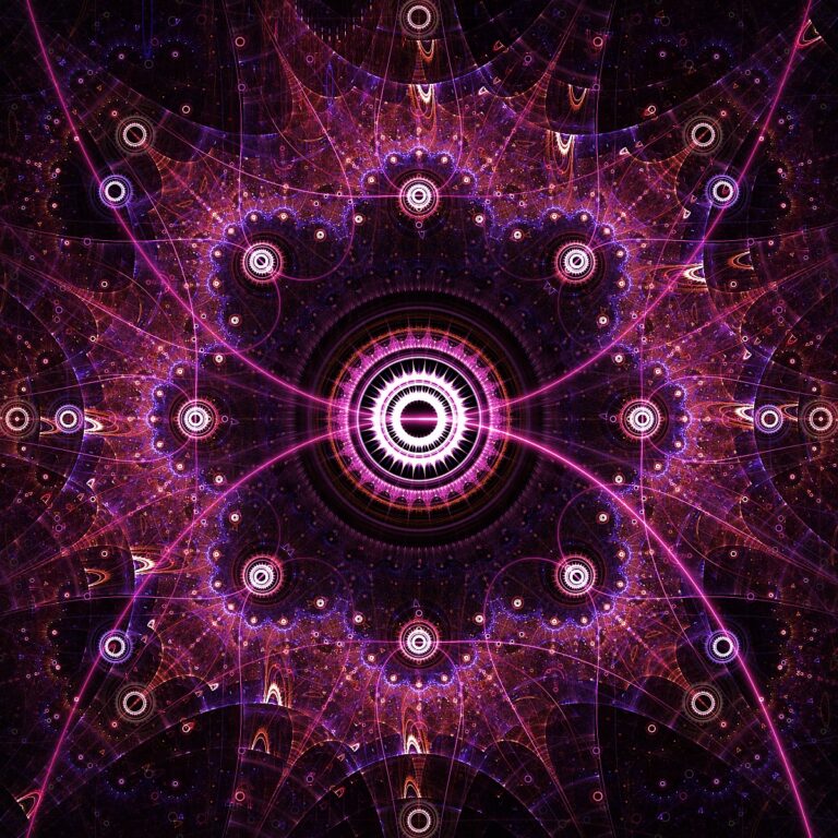 geometric fractal flame art in pink purple and violet on black background, modern art print