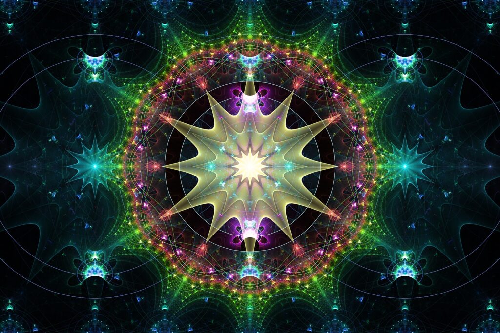 teal green fractal flame artwork, modern tech interior art print with spiritual vibe