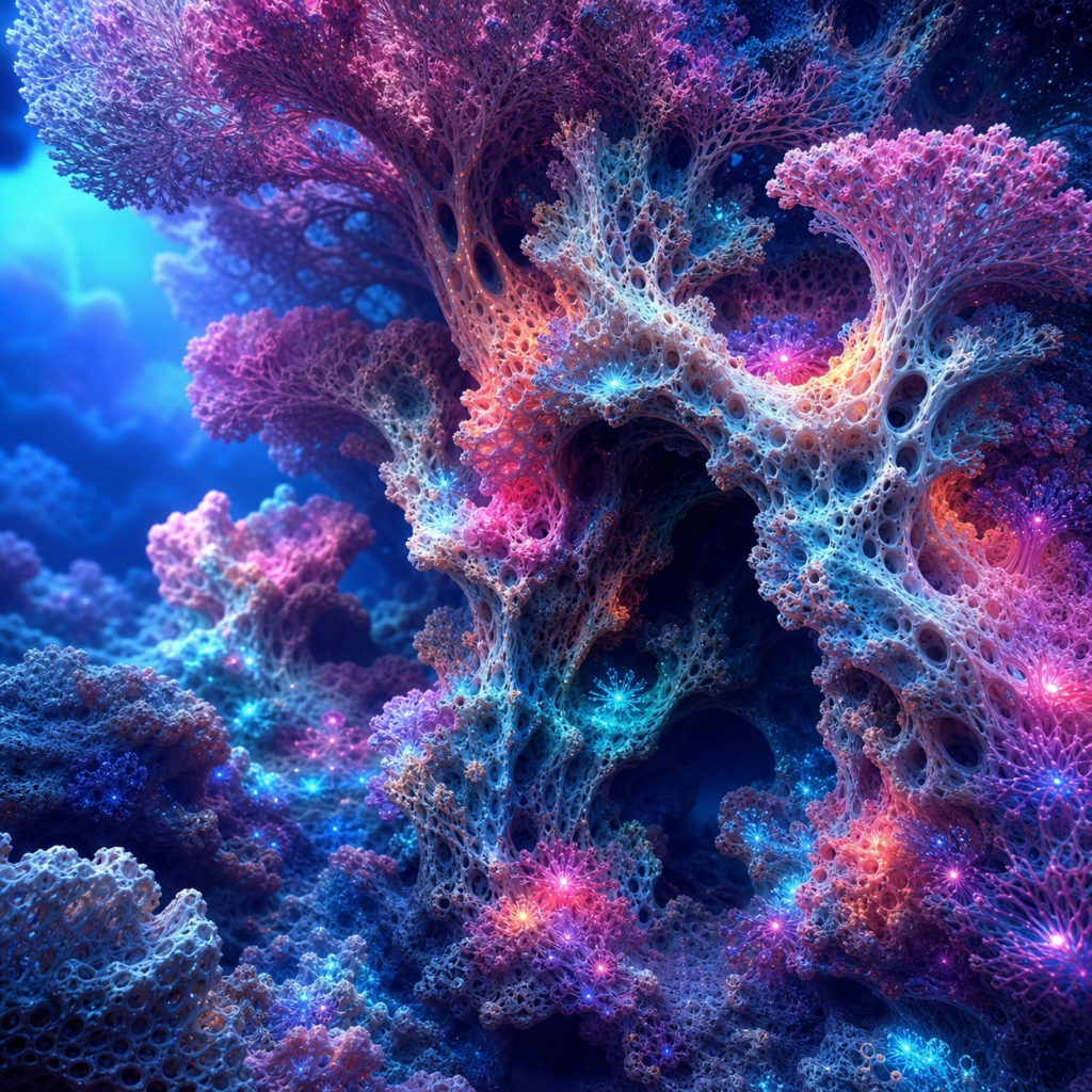 violet blue coral biophilic fractal artwork, modern art print