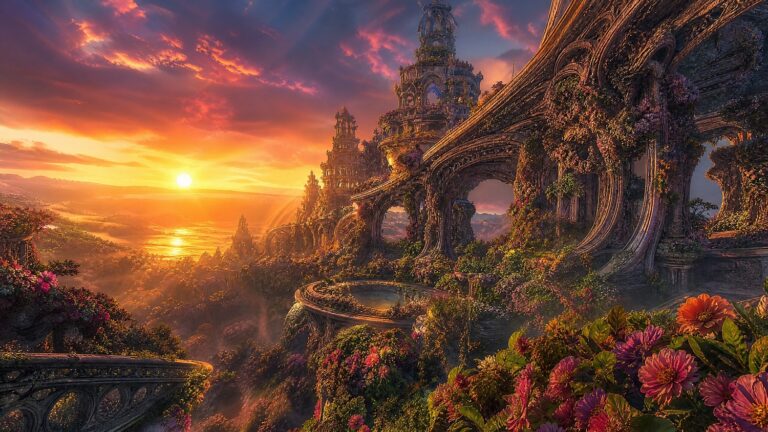 epic fractal landscape with blooming flowers at sunset, modern interior art