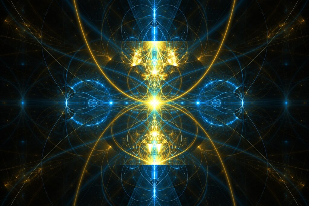 blue yellow fractal flame artwork, healing art print