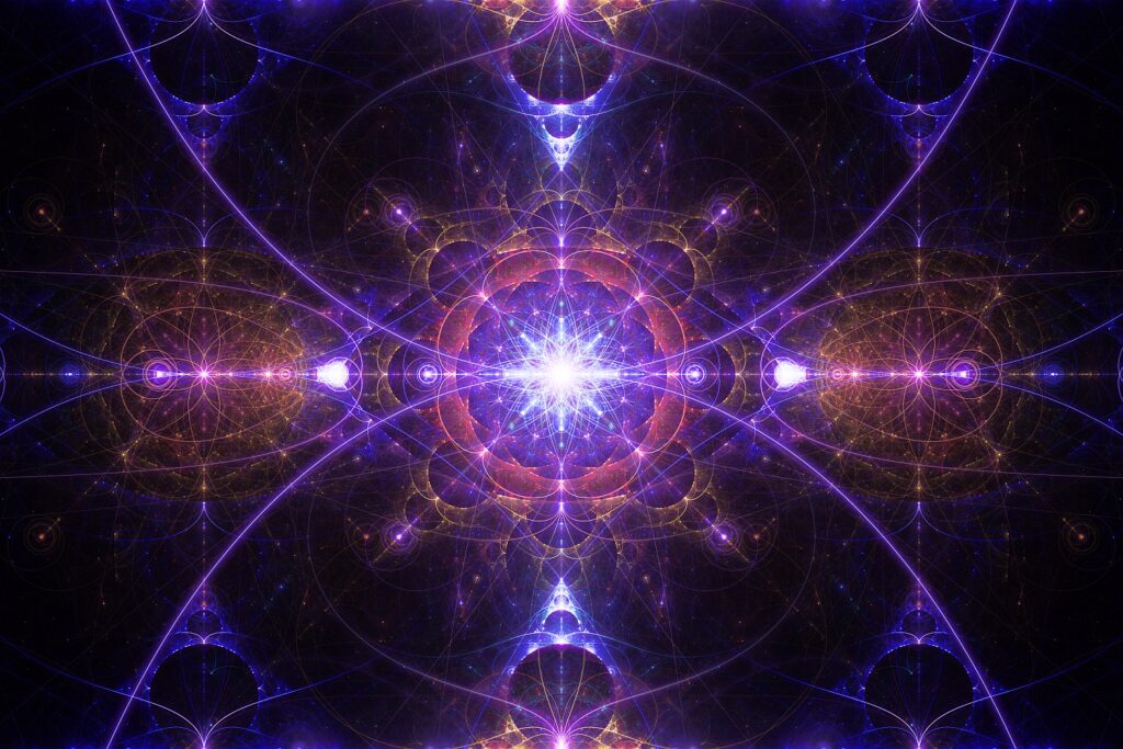 violet orange fractal flame artwork on black background, modern interior spiritual art print