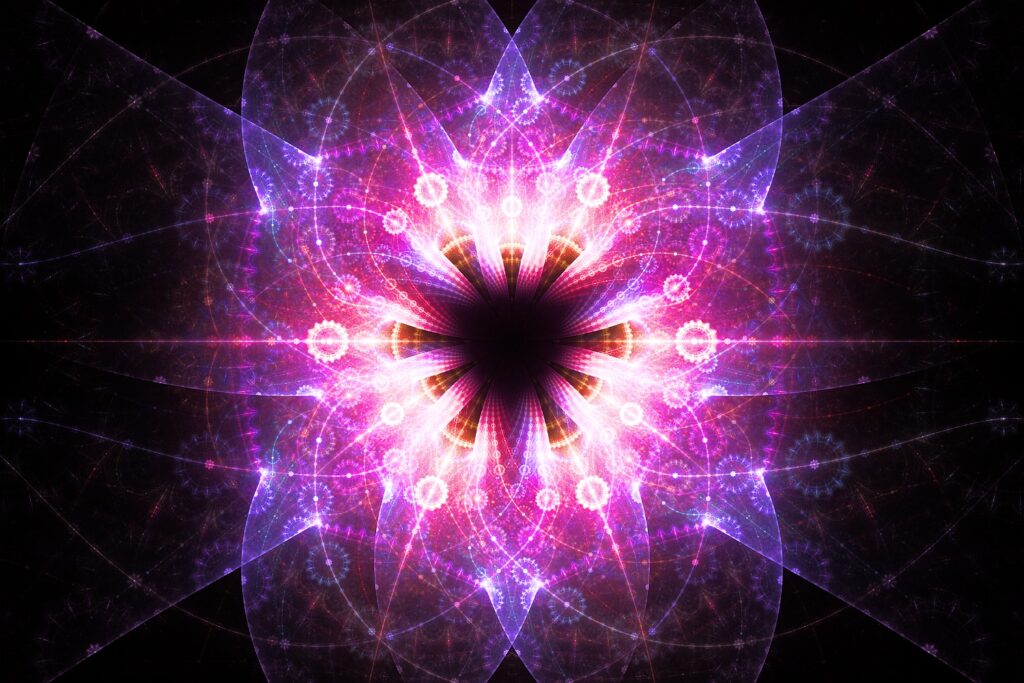 pink violet fractal flame artwork on black background, modern interior art print