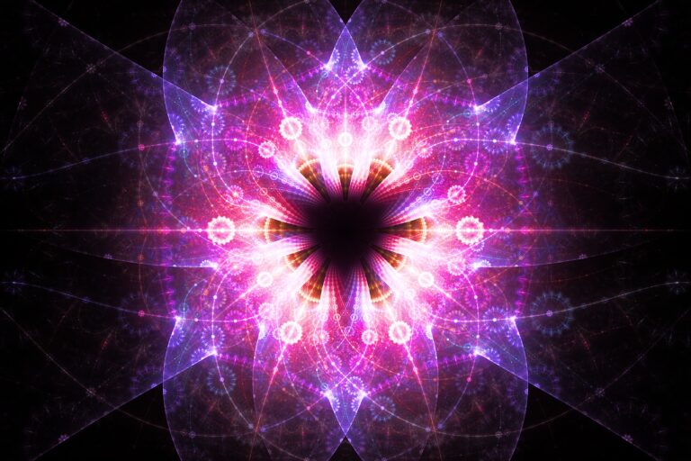 pink violet fractal flame artwork on black background, modern interior art print