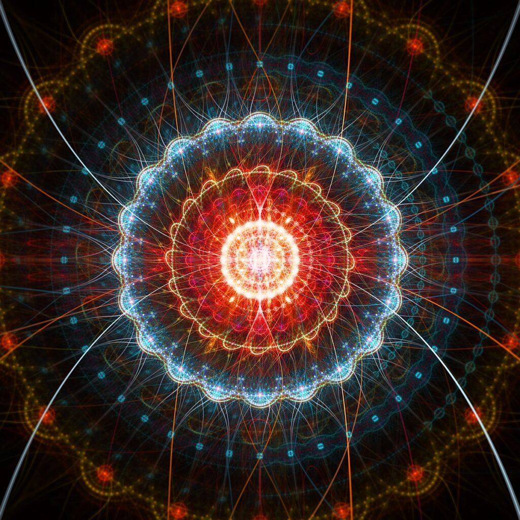 blue red mandala-like fractal flame art, meditation art print