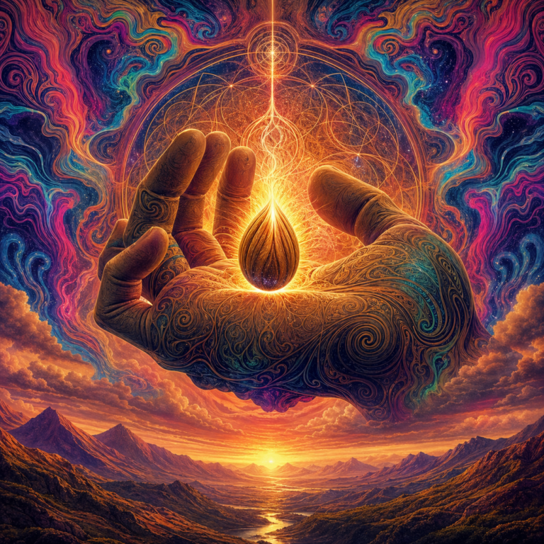 trippy AI artwork featuring celestial hand and pineal gland, art print for spiritual spaces