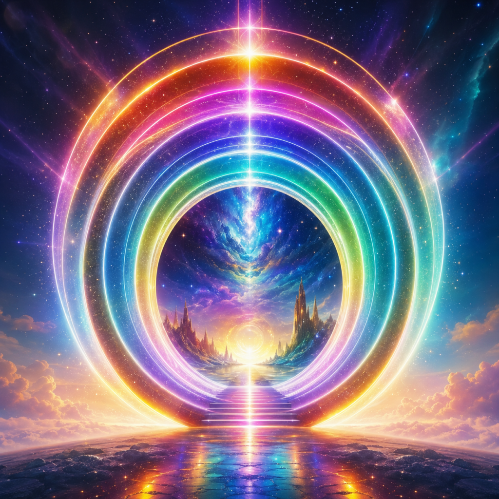 AI artwork with rainbow colours and a fantasy landscape, spiritual art print for meditation