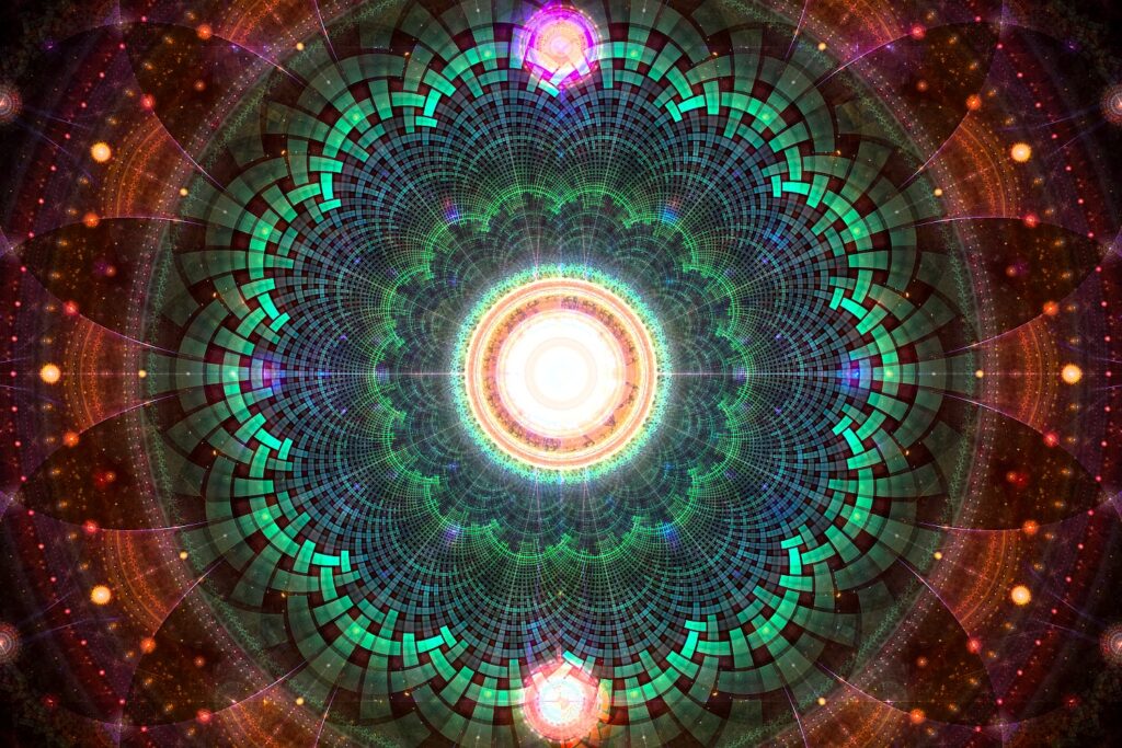 geometric mandala fractal flame art, green red, spiritual art print