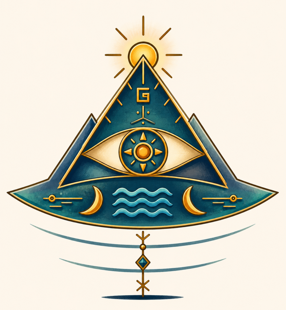 cosmic pyramid drawing, green and gold digital artwork, spiritual wall art