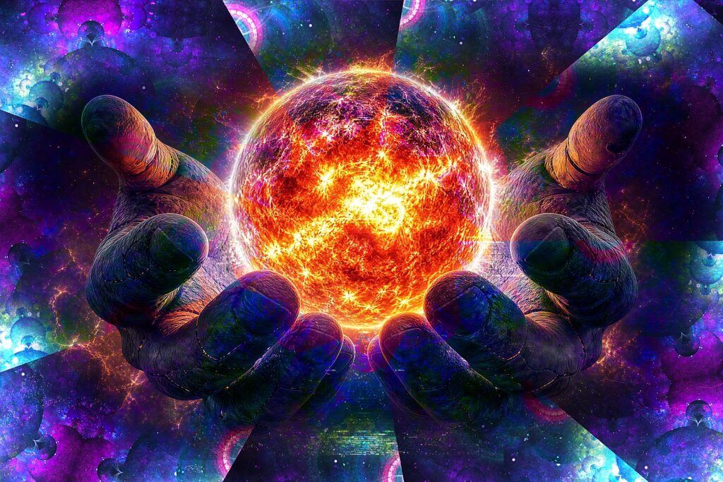 cosmic digital artwork with hands and sun and abstract background, statement spiritual art print