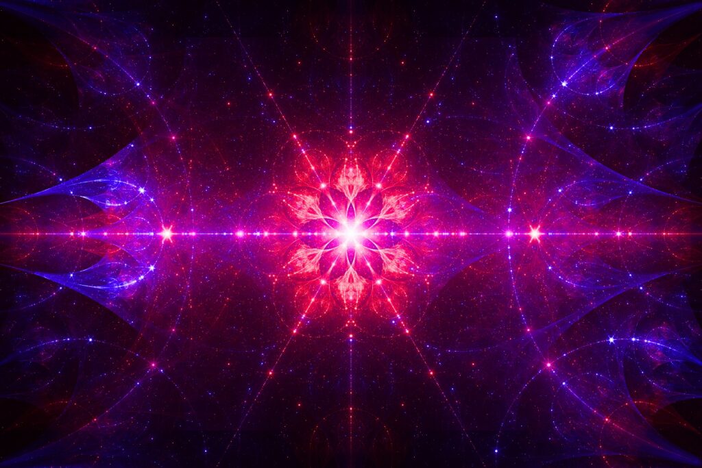 geometric fractal flame art, red and blue, modern art print with deep meaning