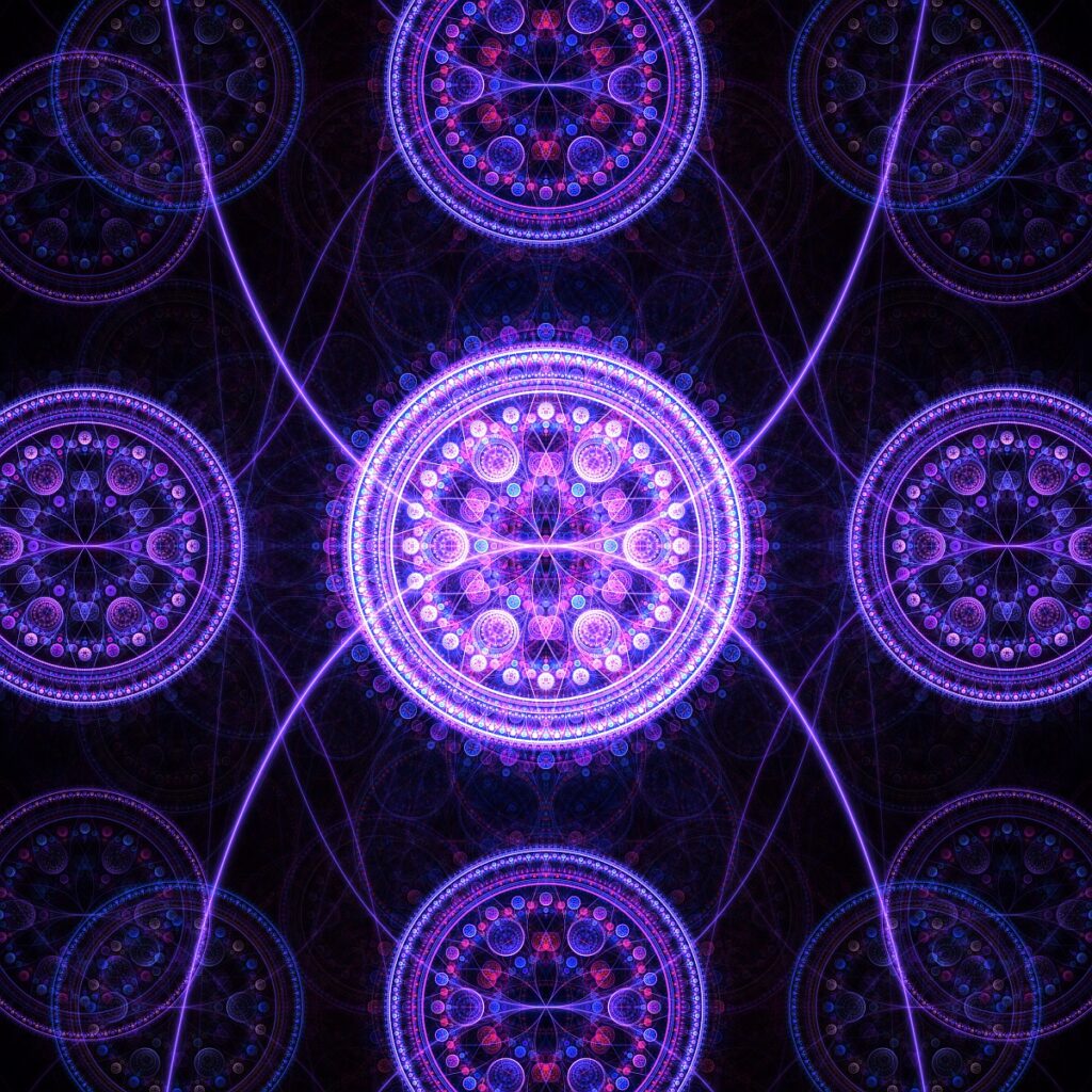 violet geometric fractal flame artwork on dark background, modern sacred geometry art print