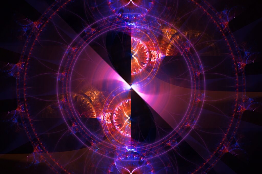 violet orange blue fractal flame artwork on black background, modern wall art