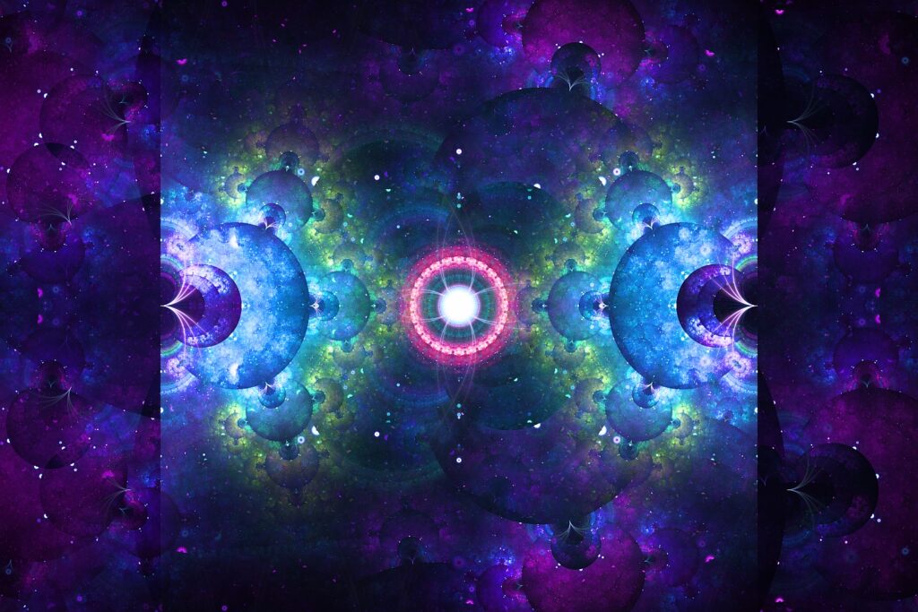 colorful, violet blue green fractal flame artwork, cosmic, meditation wall art