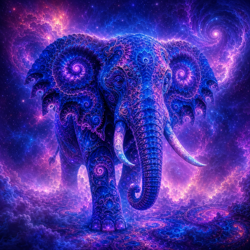 AI artwork created with GPT Image 2, elephant entwined with fractal patterns, spiritual art print