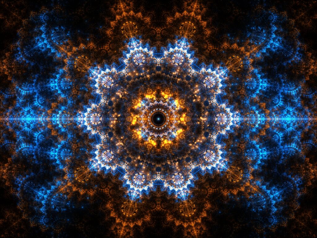 blue orange mandala flower fractal art, modern art print