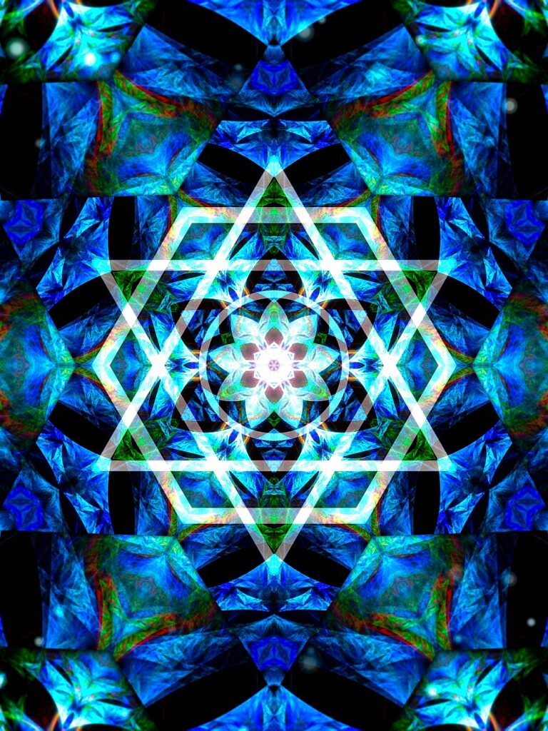 blue green sacred geometry fractal mandala, spiritual wall art