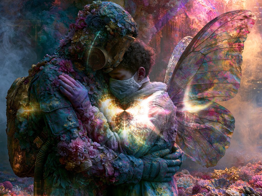 Digital artwork combining AI-assisted creation, original post-processing, and custom fractal art