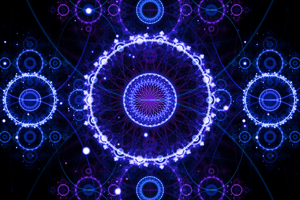 geometric fractal flame artwork in blue and violet, cosmic spiritual wall art