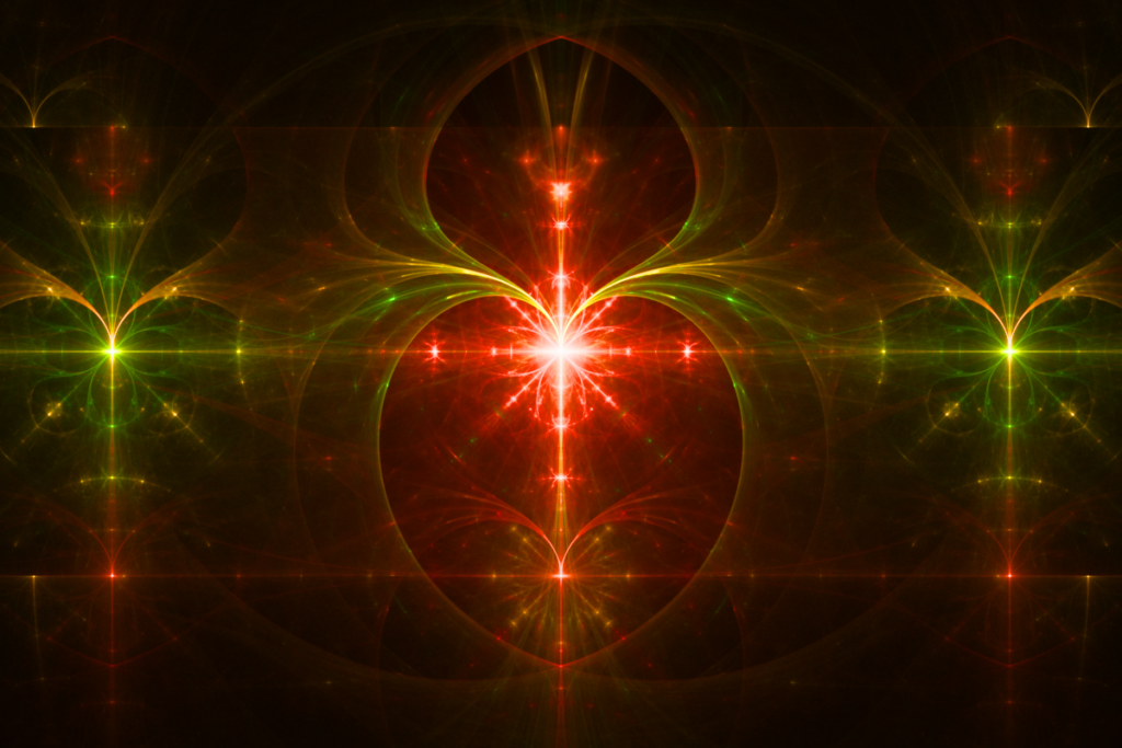 red green fractal flame artwork with heart motive, modern wall art