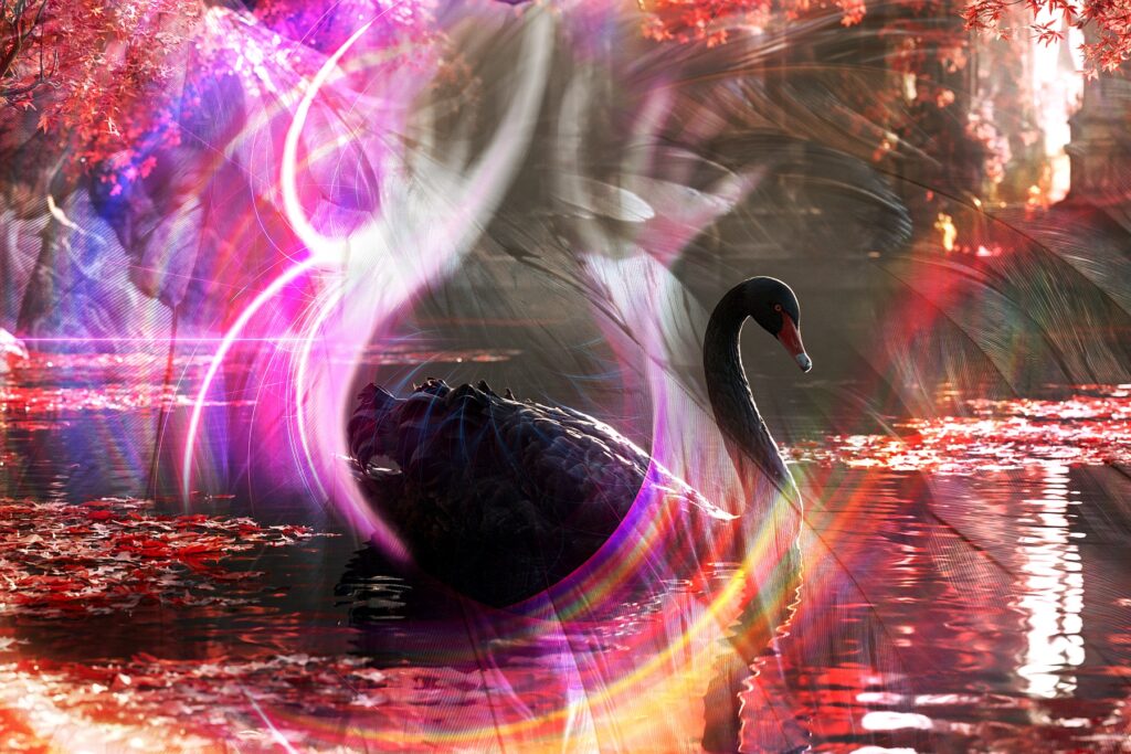 complex layered digital artwork with black swan and fractal elements - by Michal Dunaj
