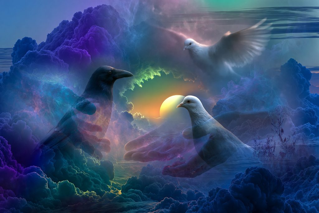 Digital artwork with blackbird and dove, surreal spiritual art - by Michal Dunaj