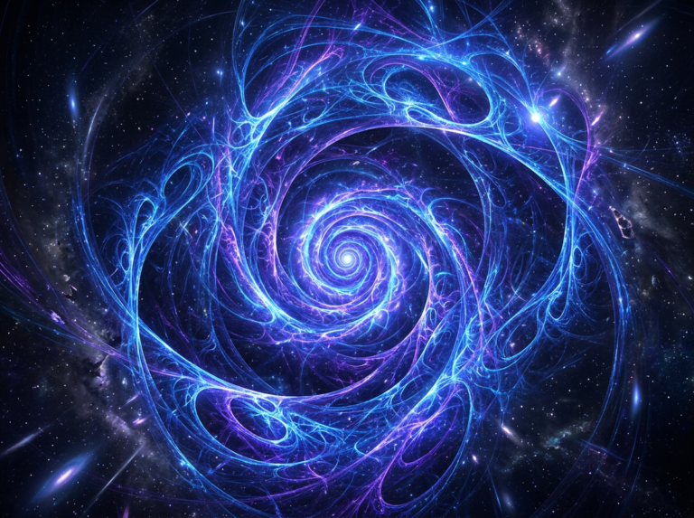 Blue and purple glowing spiral vortex in outer space with stars