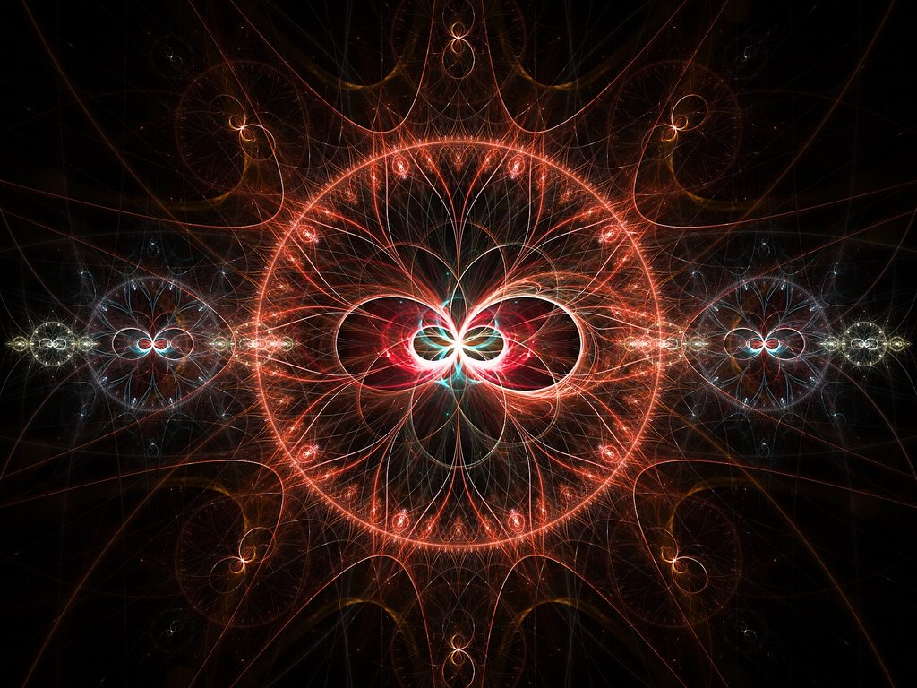 Intricate abstract fractal artwork featuring a glowing symmetrical mandala of intertwined luminous lines in fiery red, orange, white, and cyan tones on a dark background, evoking dancing suns, cosmic energy, sacred geometry, and celestial harmony.