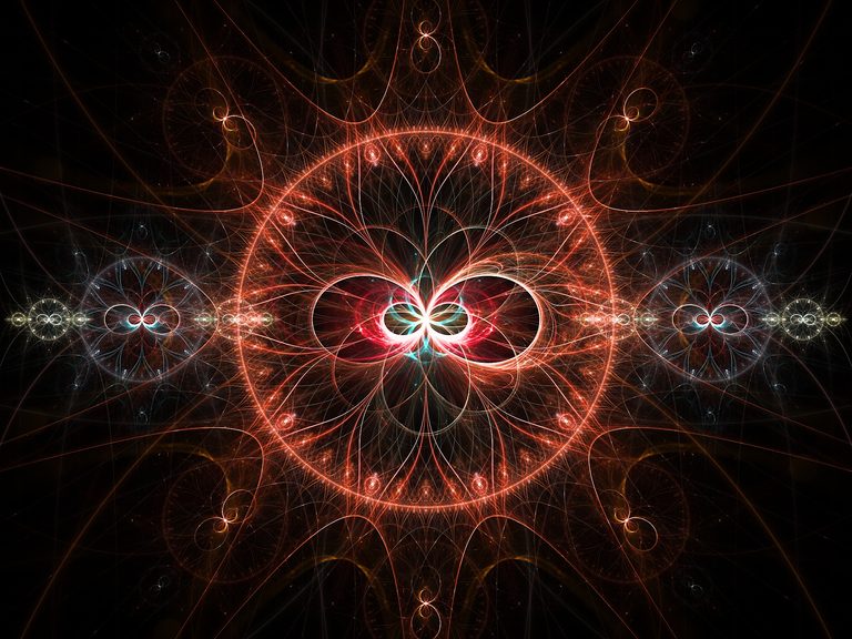 Intricate abstract fractal artwork featuring a glowing symmetrical mandala of intertwined luminous lines in fiery red, orange, white, and cyan tones on a dark background, evoking dancing suns, cosmic energy, sacred geometry, and celestial harmony.