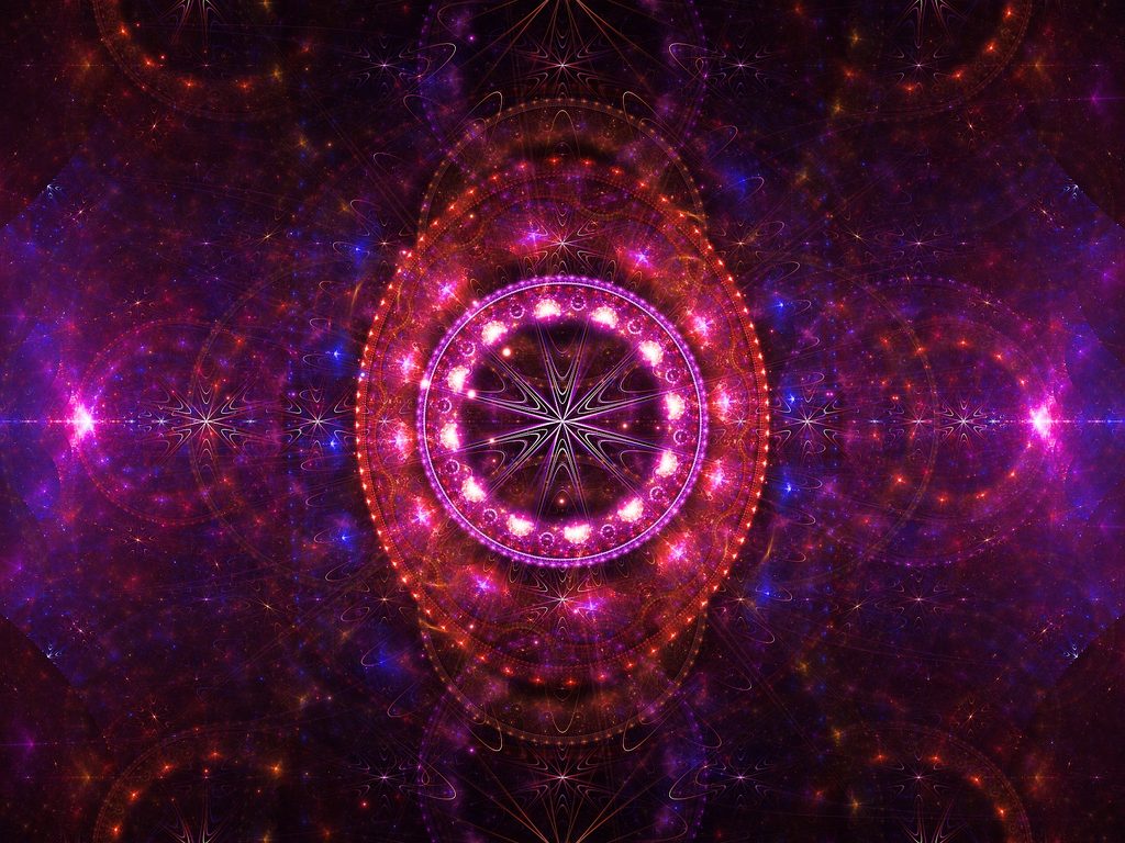 Symmetrical abstract digital artwork featuring a radiant cosmic mandala in glowing shades of purple, magenta, pink, and deep blue, surrounded by intricate fractal patterns and star-like details that evoke the mystery and wonder of the universe.