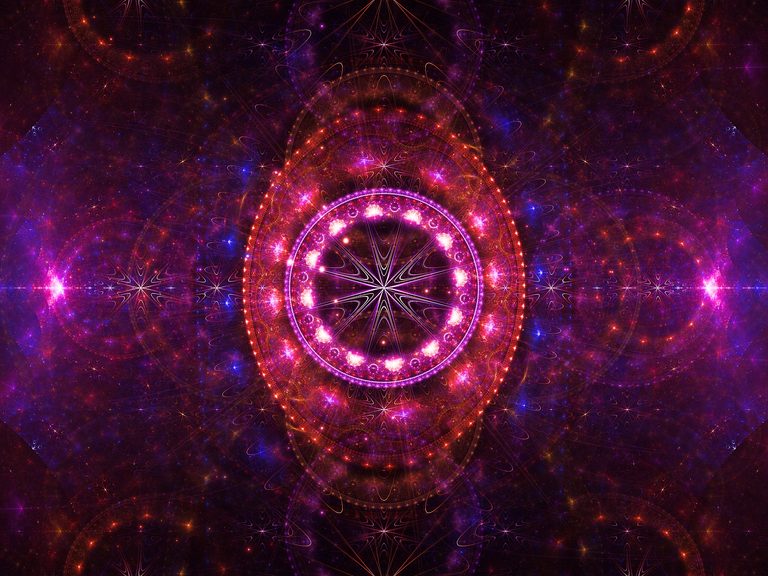 Symmetrical abstract digital artwork featuring a radiant cosmic mandala in glowing shades of purple, magenta, pink, and deep blue, surrounded by intricate fractal patterns and star-like details that evoke the mystery and wonder of the universe.