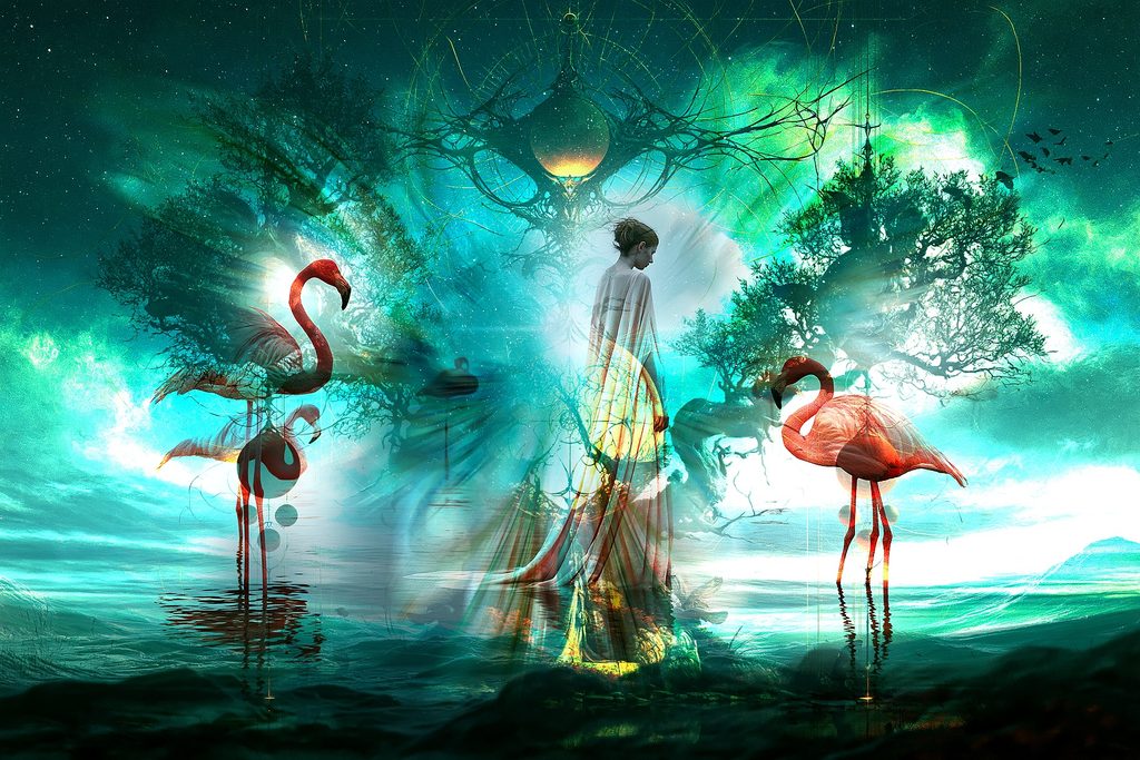 A surreal digital artwork depicting a solitary figure standing in shallow water between two pink flamingos beneath an ethereal emerald sky. Twisted trees, glowing celestial forms, reflections, and dreamlike light create a mystical landscape symbolizing introspection, transformation, and the choice to face the unknown.