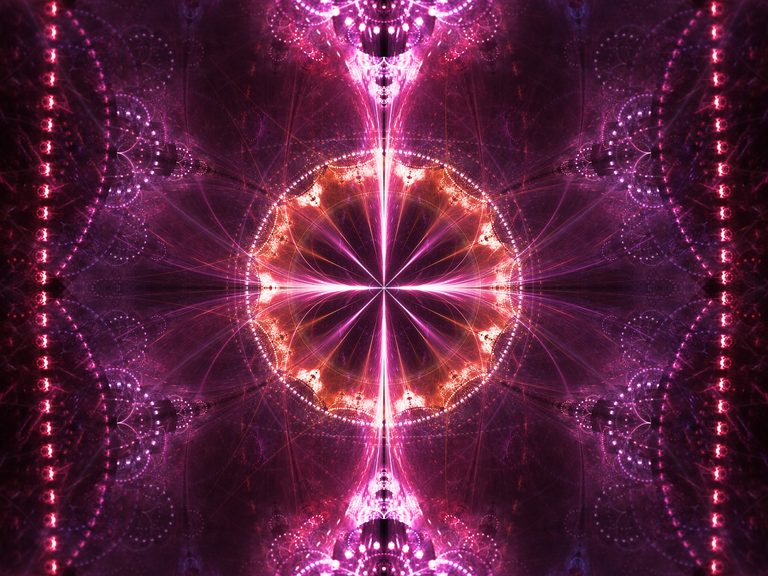 Abstract fractal artwork titled "In Trance" featuring a radiant symmetrical mandala with glowing magenta, violet, and amber light beams converging at the center, creating a mesmerizing cosmic and meditative atmosphere.