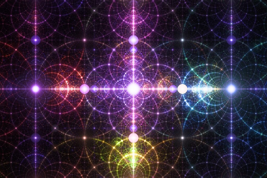 geometric fractal flame artwork, colorful socmic art prints