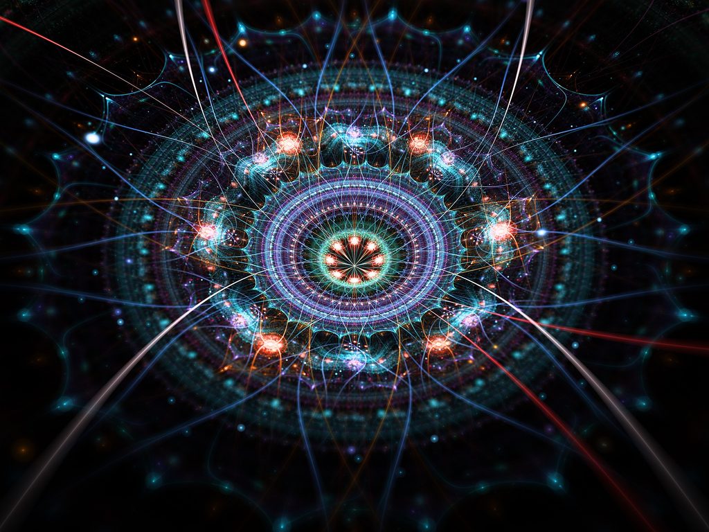 Lotus Shrine – A symmetrical cosmic mandala inspired by the lotus flower, featuring intricate geometric patterns, radiant turquoise, violet, and golden light, surrounded by glowing energy lines and celestial elements against a deep black space background, creating the impression of a sacred portal or spiritual shrine.