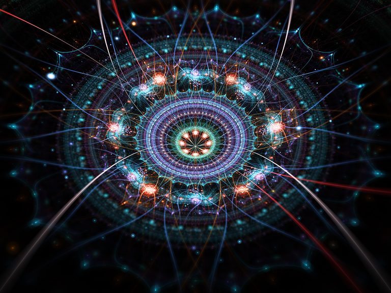 Lotus Shrine – A symmetrical cosmic mandala inspired by the lotus flower, featuring intricate geometric patterns, radiant turquoise, violet, and golden light, surrounded by glowing energy lines and celestial elements against a deep black space background, creating the impression of a sacred portal or spiritual shrine.