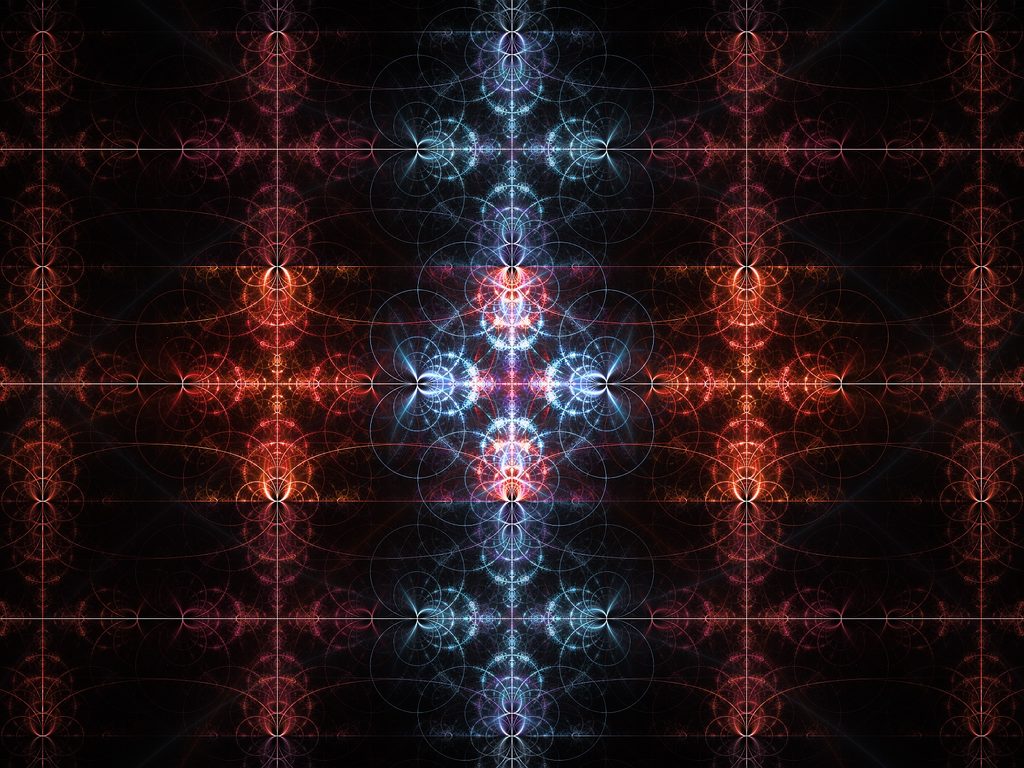 Polarity Frequency – abstract digital artwork featuring luminous symmetrical fractal geometry in vibrant red, orange, and icy blue tones, forming intricate energy fields and sacred geometric patterns against a deep black background