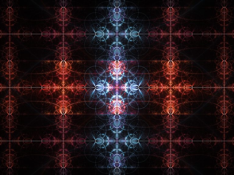 Polarity Frequency – abstract digital artwork featuring luminous symmetrical fractal geometry in vibrant red, orange, and icy blue tones, forming intricate energy fields and sacred geometric patterns against a deep black background