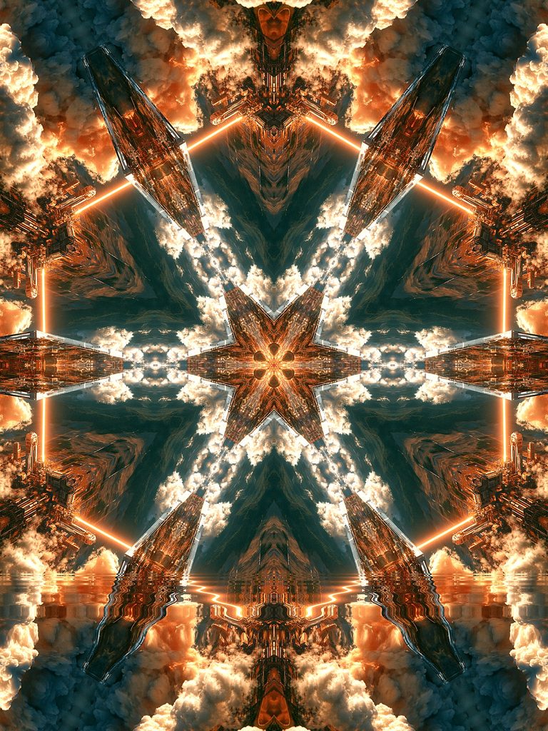 TechRise – Symmetrical futuristic digital artwork featuring towering sci-fi structures emerging through dramatic clouds, intersected by glowing orange beams of light with reflective water below, creating a kaleidoscopic vision of technological progress and architectural grandeur