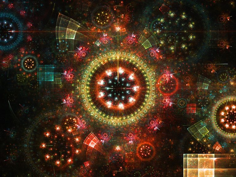 Intricate abstract fractal artwork featuring a radiant circular core surrounded by luminous rings, glowing red, gold, green, and cyan geometric patterns, resembling interconnected cosmic structures, ripples on water, and microscopic life forms against a dark background