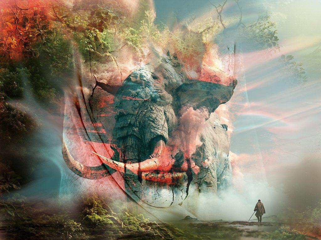Surreal art piece titled 'The Pain We Seek' featuring a giant elephant merged with human lips and jungle foliage, with a solitary traveler walking through mist toward it under glowing red and teal light.