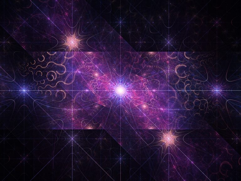 Futuristic abstract artwork featuring a radiant cosmic light surrounded by intricate geometric lines, glowing fractal patterns, and interconnected celestial structures in vibrant shades of purple, pink, and indigo, symbolizing hope, transformation, and the birth of a new world.