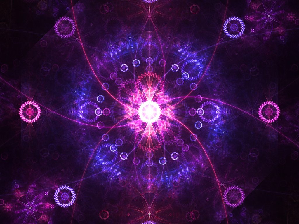 Abstract fractal flame artwork featuring a radiant magenta-white core surrounded by symmetrical violet and pink fractal patterns, symbolizing the cycles of human life, psychological growth, transformation, and evolving consciousness.