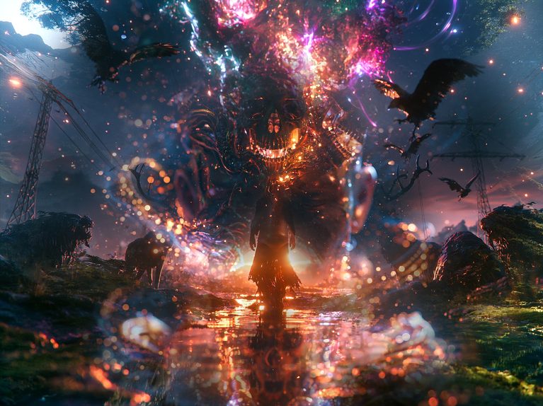 Dark cinematic artwork titled Don’t Run From Who You Are: a lone figure in tattered clothing stands in reflective water facing a massive glowing skull-like form of orange fire, magenta and violet light, with ravens in flight and electrical towers in mist. Created by compositing and hand-refining three Midjourney images. Inspired by Jonathan Davis’s song What It Is. Dark fantasy art about self-acceptance.